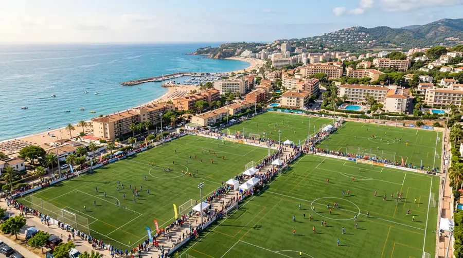 Youth soccer tournament on pitches beside a coastal town